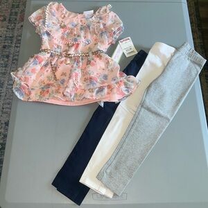 Little Lass Floral Top with Rose Gold Belt with 3 Leggings in Gray, Navy & White